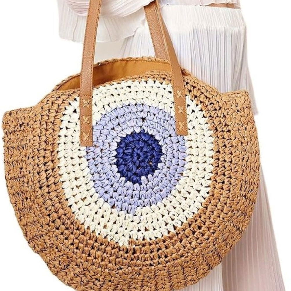 Round Crochet Straw Tote Bag with Blue Accent